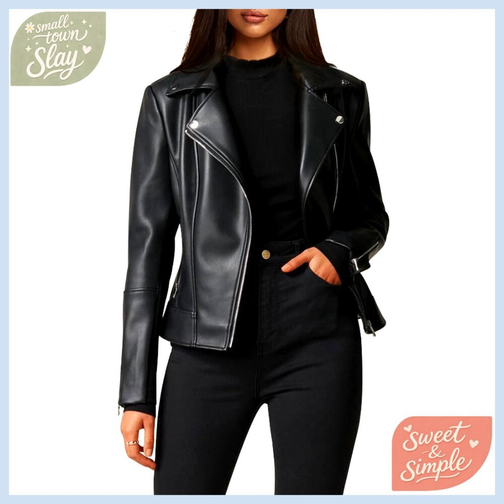 Faux Leather Motorcycle Jacket, Asymmetrical Zipper, Stretchy Sleeves